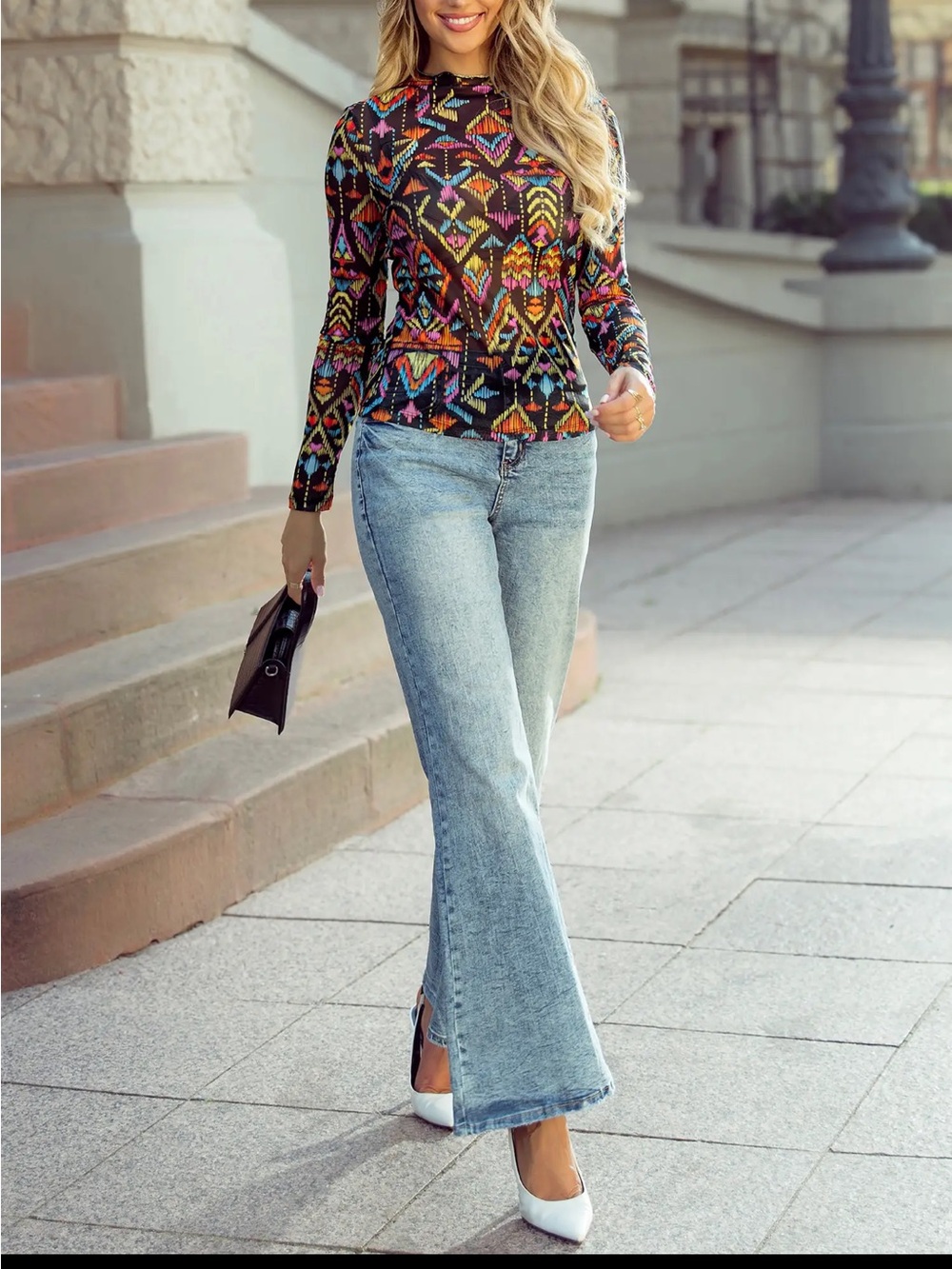 Long-Sleeve Multi-Color Geometric Print meshTop - Picture 5 of 5